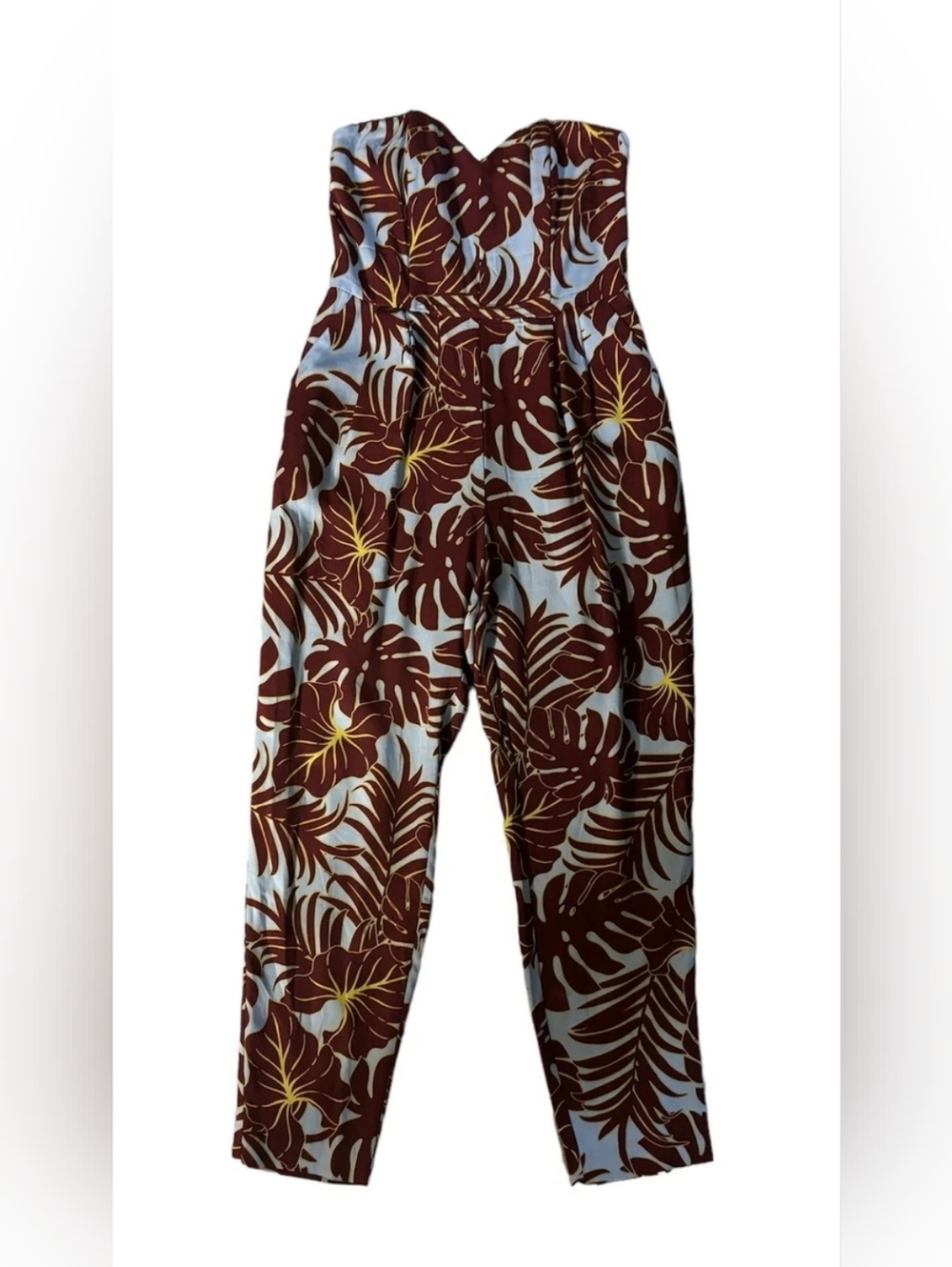 H&M Conscious Tropical Print Jumpsuit in Burgandy, Light Blue & Yellow